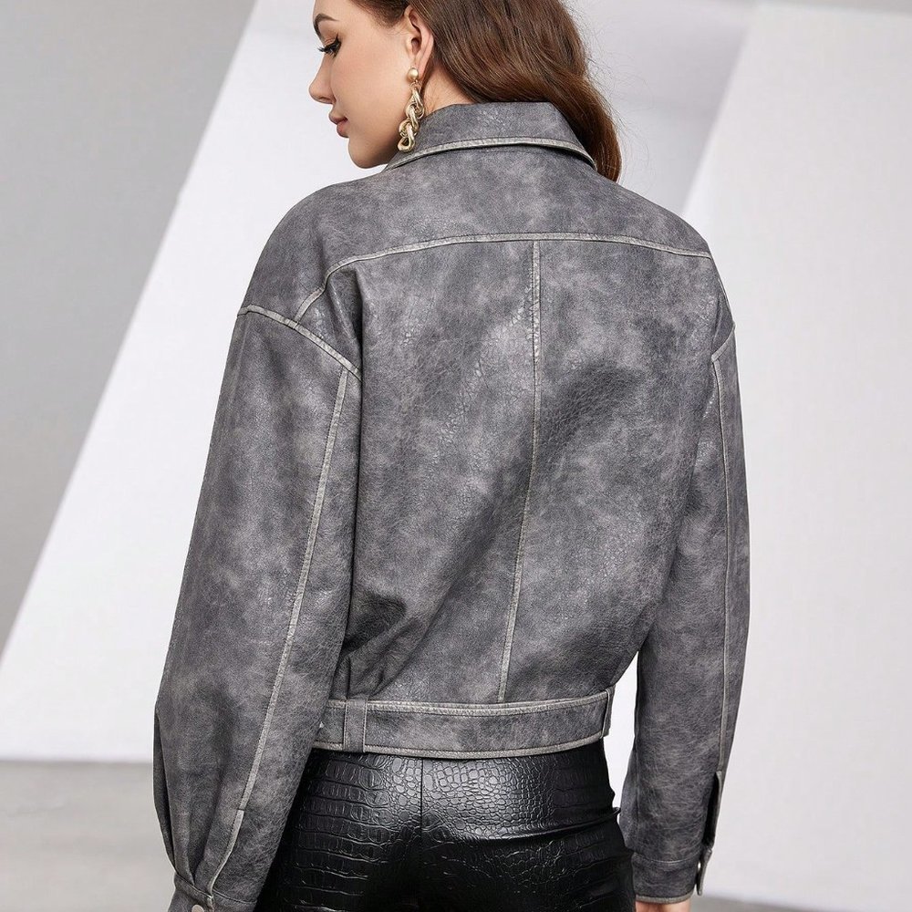 Grey Preppy Womens Zip Up Belted Moto Jacket - Picture 2 of 6